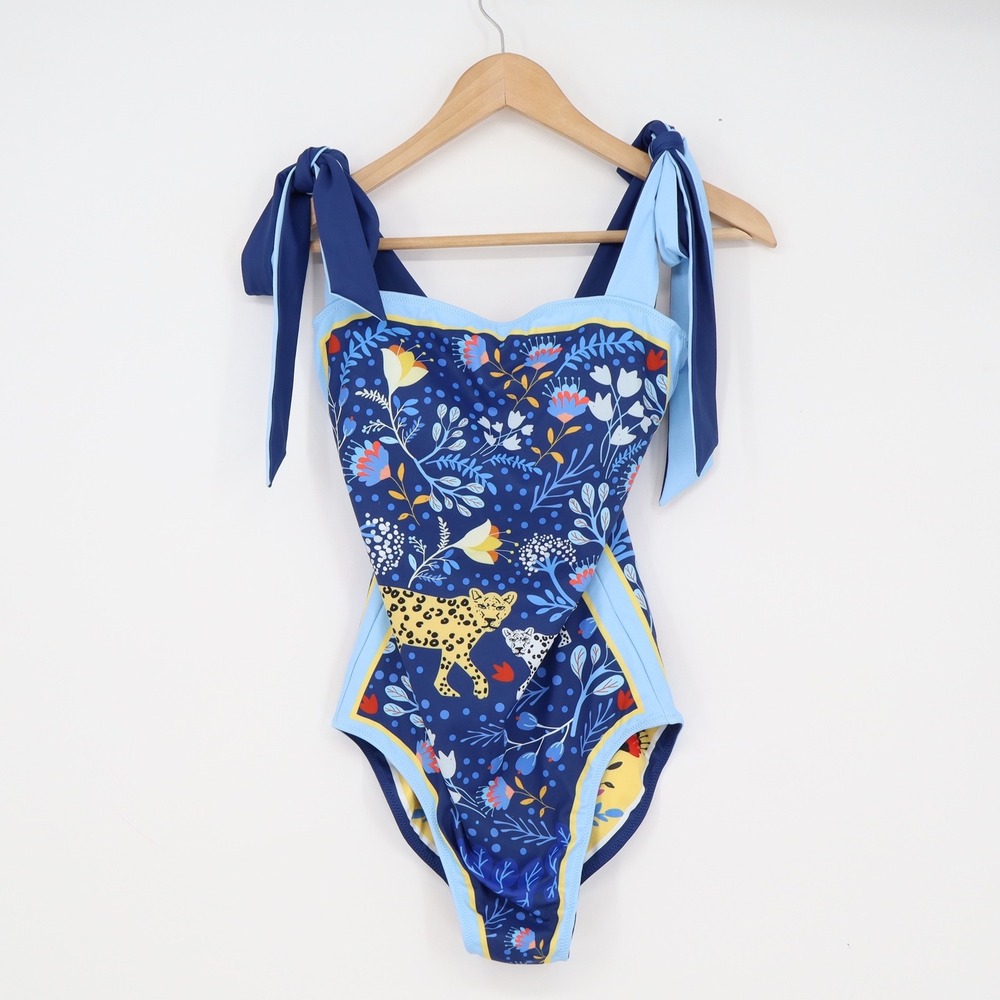 Jessie Zhao Blue Leopard Botanical Tie Shoulder One Piece Swimsuit Size M New